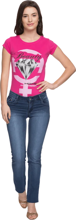 Casual Fashion Model Pink Tshirt Jeans