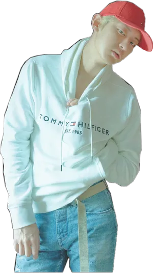 Casual Fashion Modelin Red Capand White Hoodie PNG image