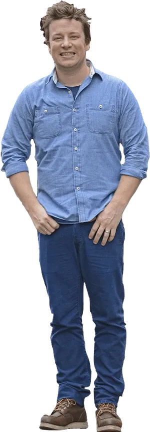 Casual Man Standing Smiling Denim Outfit PNG image