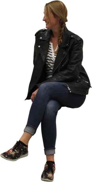 Casual Woman Sittingin Leather Jacket PNG image