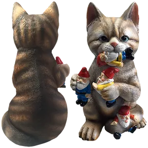 Cat Holding Gnomes Figurine PNG image