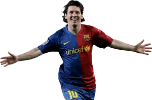 Celebratory Soccer Player Barcelona Jersey PNG image