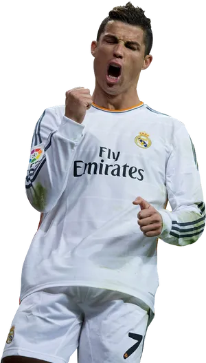 Celebratory Soccer Player Madrid Kit PNG image