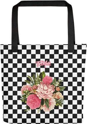 Checkered Floral Tote Bag PNG image