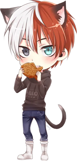 Chibi Cat Boy Eating Fish Cookie PNG