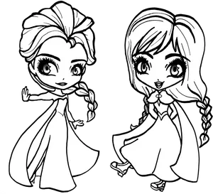 Chibi Elsaand Anna Coloring Page PNG image