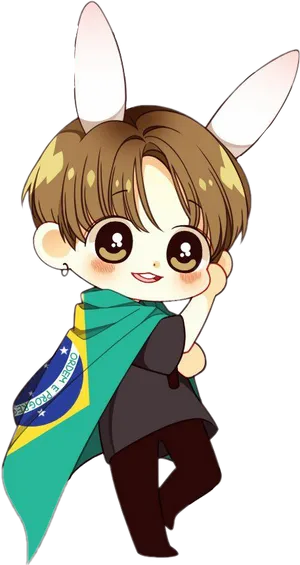 Chibi_ Jungkook_with_ Bunny_ Ears_and_ Brazil_ Flag PNG