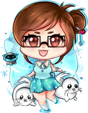 Chibi_ Mei_ Overwatch_with_ Robotic_ Companion_and_ Seals PNG image