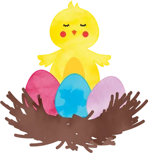 Chick In Nest With Colorful Eggs PNG image