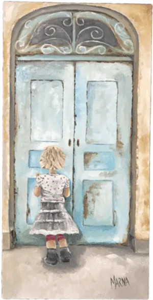 Child Before Old Blue Door Painting PNG image