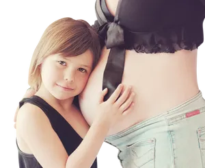 Child Embracing Pregnant Mother Belly PNG image