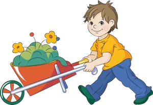 Child Pushing Wheelbarrow Illustration PNG