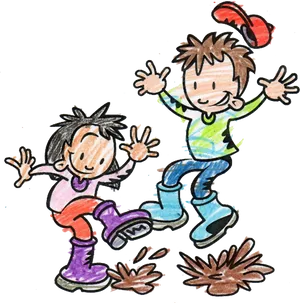 Children Jumpingin Puddles Cartoon PNG image