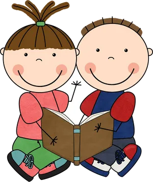 Children Reading Together Cartoon PNG image