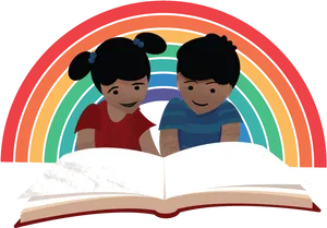 Children Reading Under Rainbow PNG image