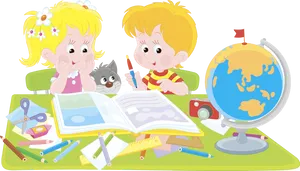 Children Studying Cartoon PNG image