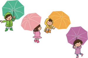 Children With Umbrellas Cartoon PNG image