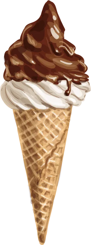 Chocolate Drizzled Soft Serve Ice Cream Cone PNG image