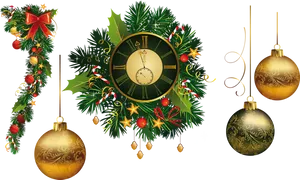 Christmas Clockand Ornaments PNG image