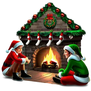 Christmas Fireplace With Elves PNG 06262024