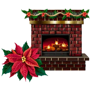 Christmas Fireplace With Poinsettias PNG 06262024