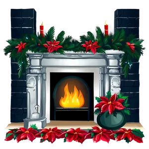 Christmas Fireplace With Poinsettias PNG 27