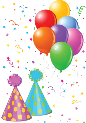 Colorful Birthday Party Hatsand Balloons PNG image