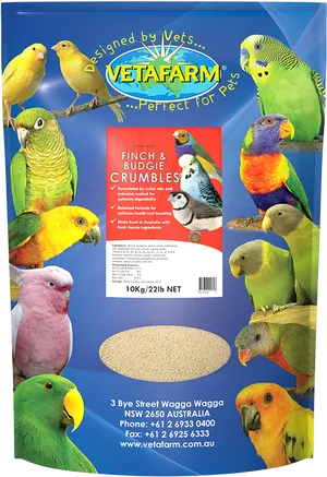 Colorful Budgies Vetafarm Bird Food Packaging PNG image