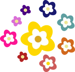 Colorful Cartoon Flowers Black Background PNG image
