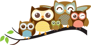 Colorful Cartoon Owls Branch PNG image