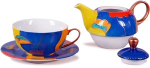 Colorful Ceramic Teacupand Teapot Set PNG image