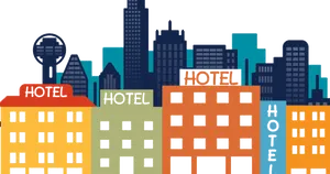 Colorful Cityscape Hotel Illustration PNG image