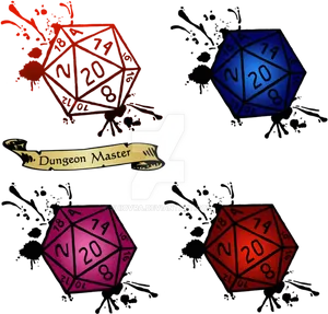 Colorful D20 Diceand Dungeon Master Scroll PNG image