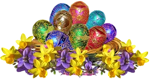 Colorful Easter Eggsand Spring Flowers