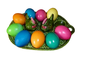 Colorful Easter Eggson Ceramic Bunny Plate PNG image