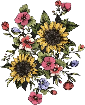 Colorful Floral Bouquet Tattoo Design PNG image