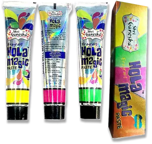 Colorful Hola Magic Paste Tubesand Box PNG image