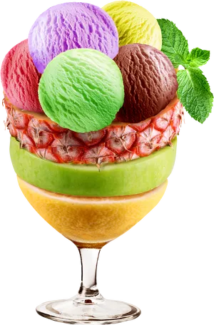 Colorful Ice Cream Scoopsin Fruit Cup PNG image