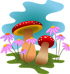 Colorful Mushroomsand Flowers Illustration PNG image