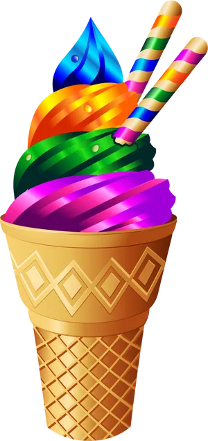 Colorful Rainbow Ice Cream Cone PNG image