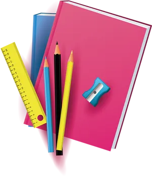 Colorful Stationery Items Top View PNG image