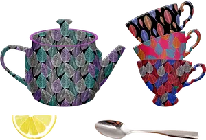 Colorful Tea Setand Lemon Slice PNG image