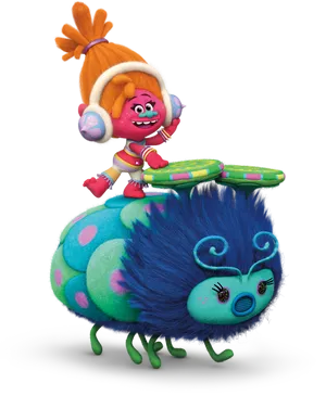 Colorful Troll Character Riding Caterpillar