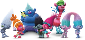 Colorful Trolls Characters Gathering PNG image
