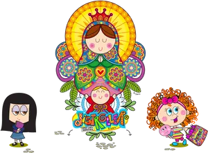 Colorful Virgin Maryand Children Cartoon PNG image