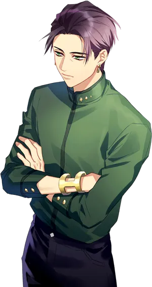 Confident Anime Man Green Shirt PNG image