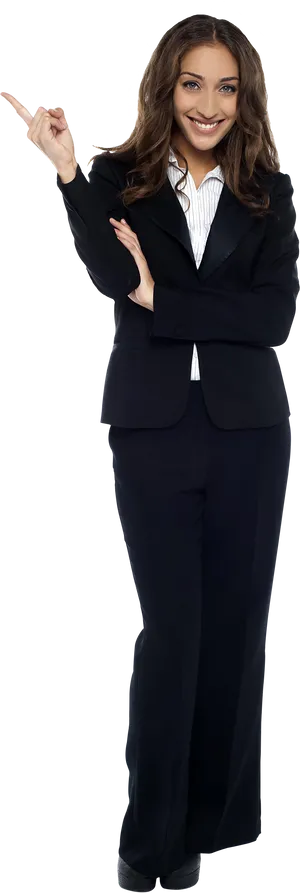 Confident Businesswoman Pointing Upward PNG image