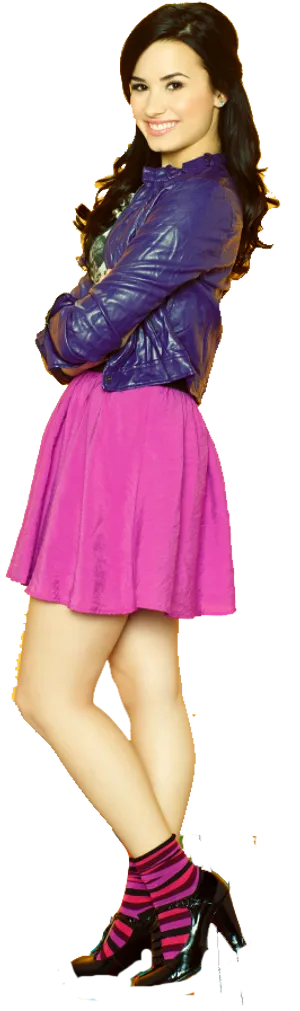 Confident Young Womanin Purple Dressand Blue Jacket PNG image