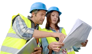 Construction Professionals Reviewing Blueprints PNG image