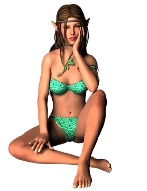Contemplative_ Elf_in_ Green_ Bikini